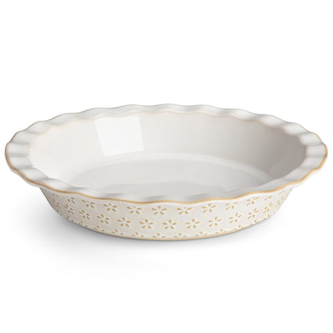 Malacasa Lydia Pie Pan con relieve floral y borde ondulado, ideal para tartas artesanales.