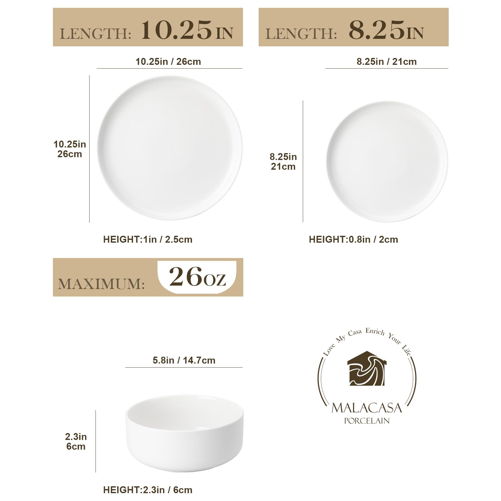 MALACASA Serie LUNA: plato de cena de 10.25 pulgadas, compatible con microondas.