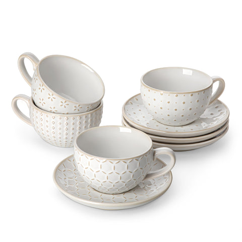 MALACASA tazas capuchino 8 oz con platillos, relieve rústico para café artesanal