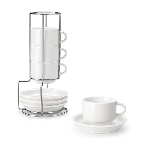 Las tazas MALACASA espresso de 4 oz con platillo y soporte metálico, perfectas para espresso en casa.