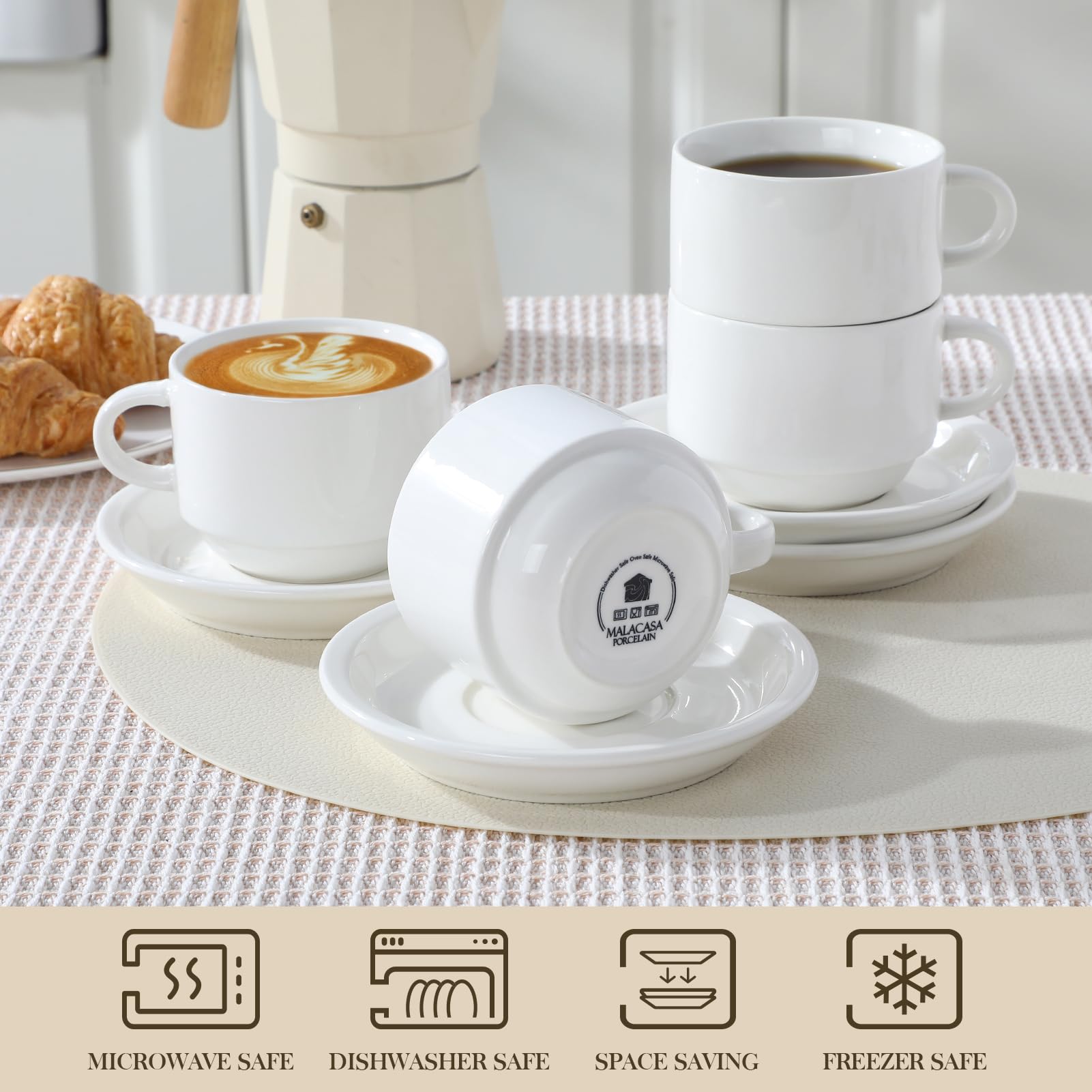 MALACASA tazas espresso apilables permiten almacenamiento compacto.