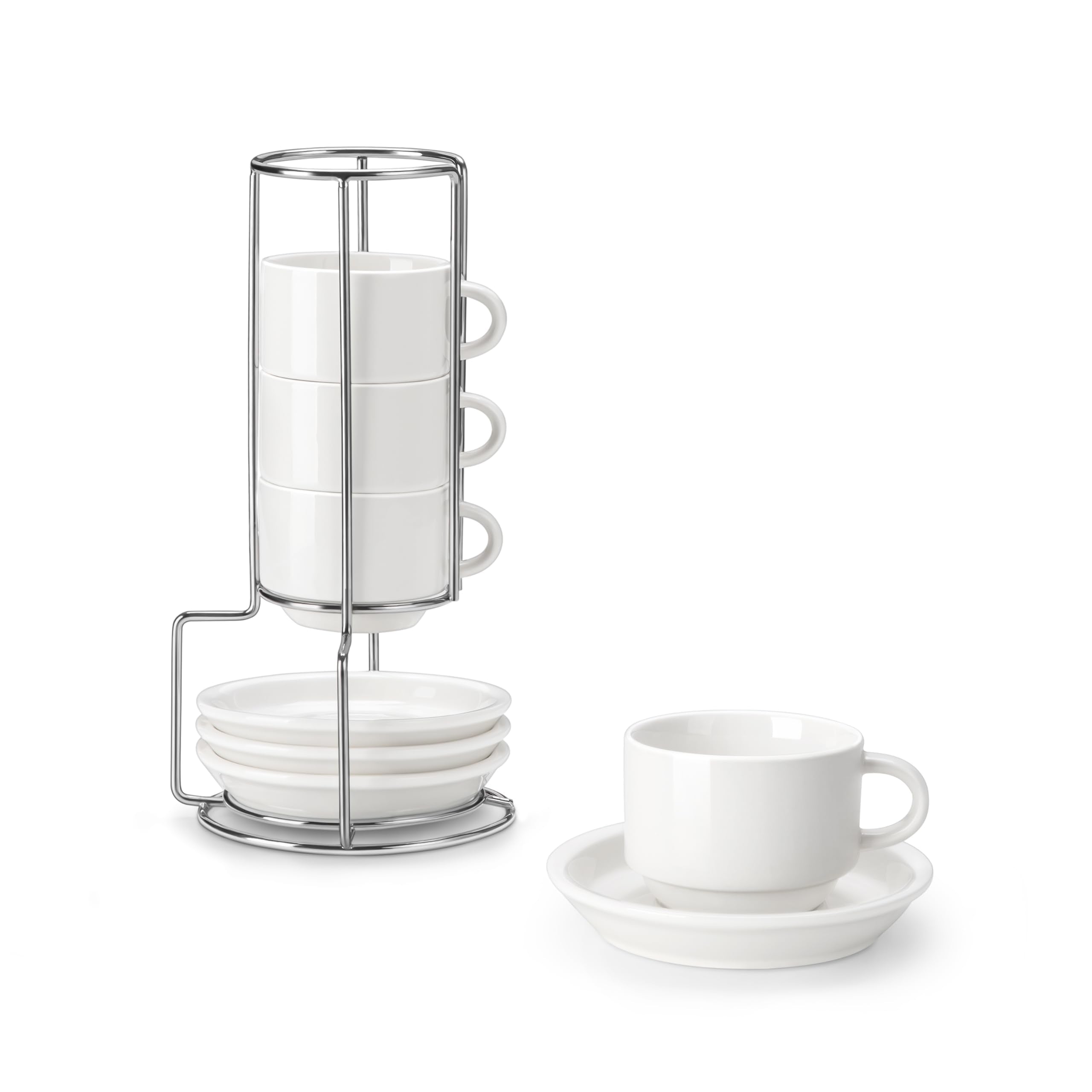 MALACASA tazas espresso con platillos y soporte metálico, estilo práctico y elegante.