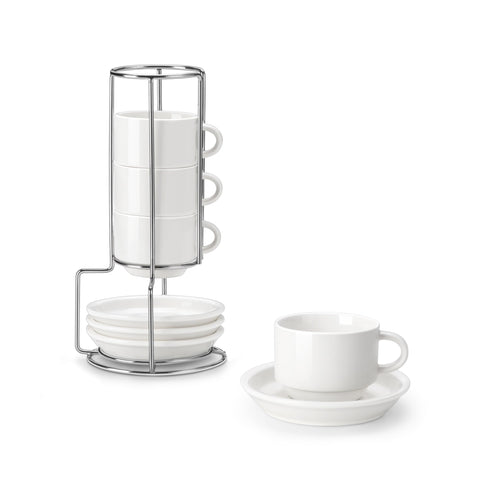 MALACASA tazas espresso con platillos y soporte metálico, estilo práctico y elegante.
