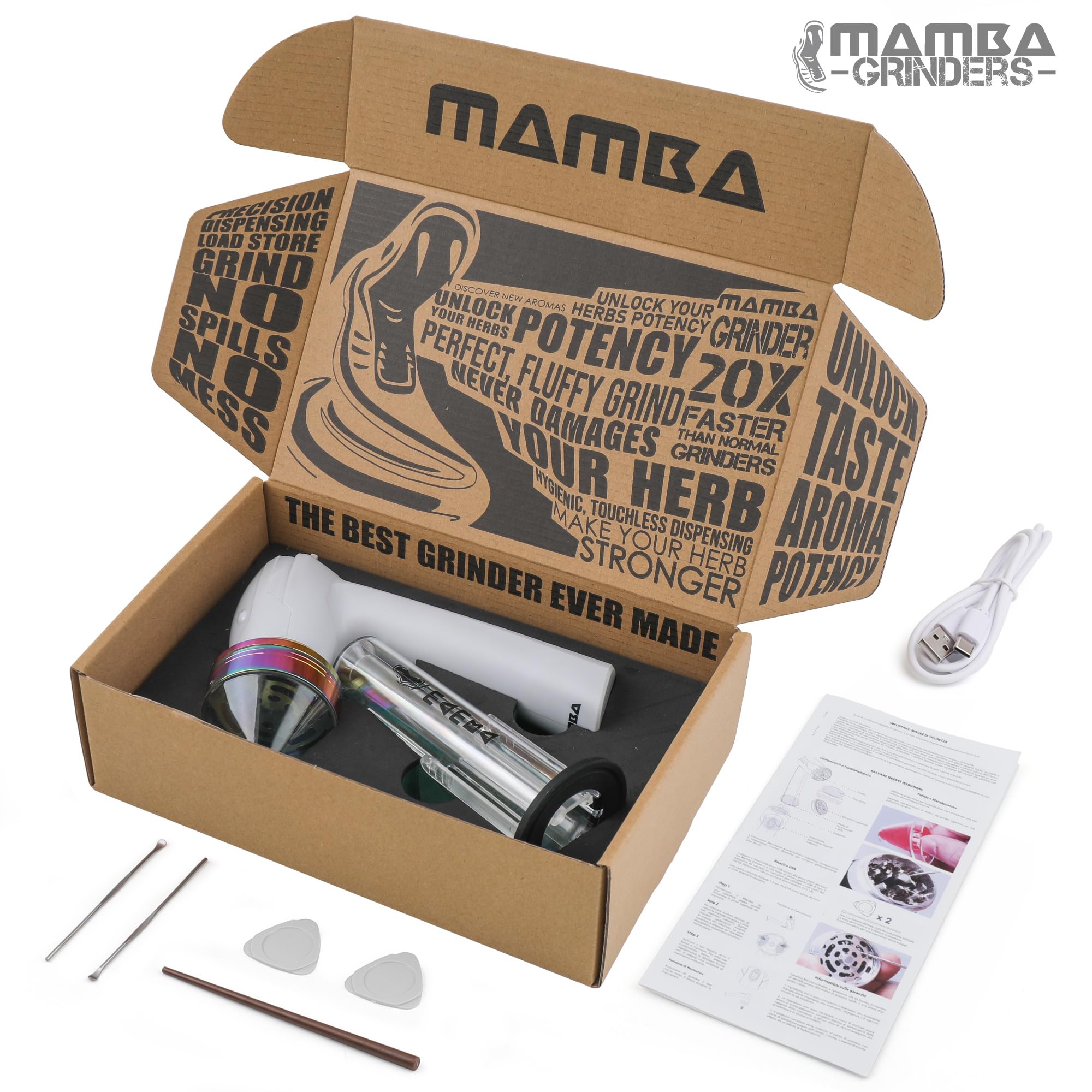 Mamba molinillo trae accesorios extra para limpieza y contención.