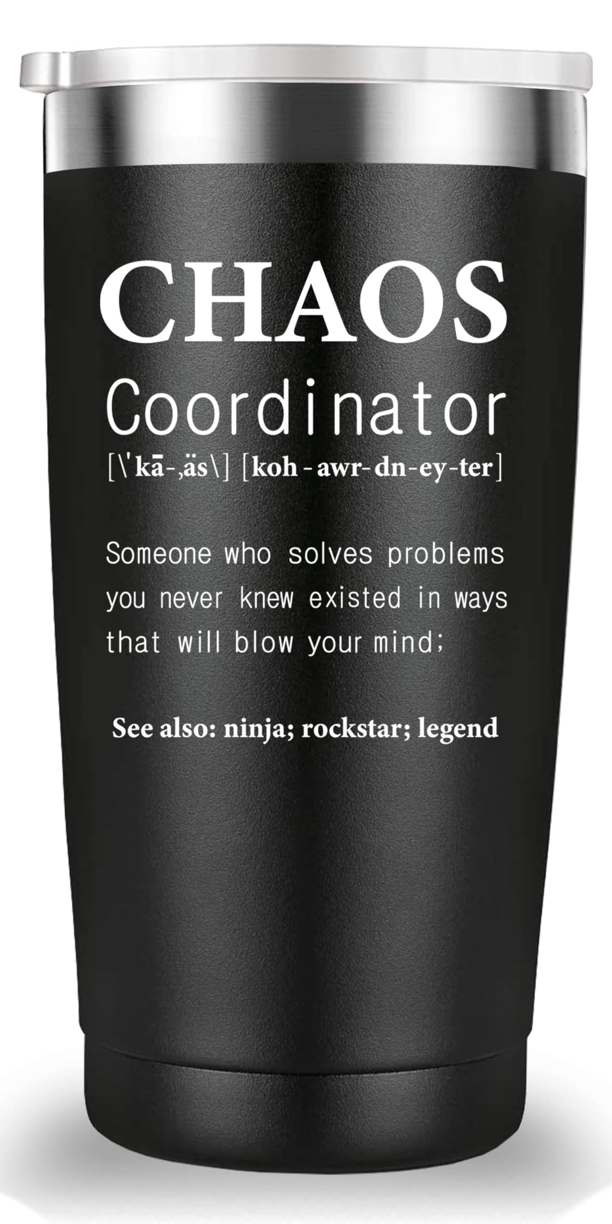 Mamihlap taza coordinador del caos 20oz negro, ideal para oficina diaria.