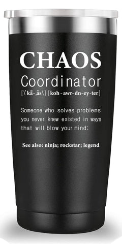 Mamihlap taza coordinador del caos 20oz negro, ideal para oficina diaria.