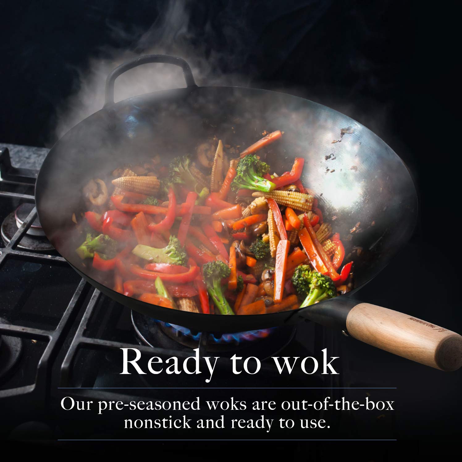 Wok Mammafong base plana de 14 pulgadas, estabilidad ideal para cocina casera