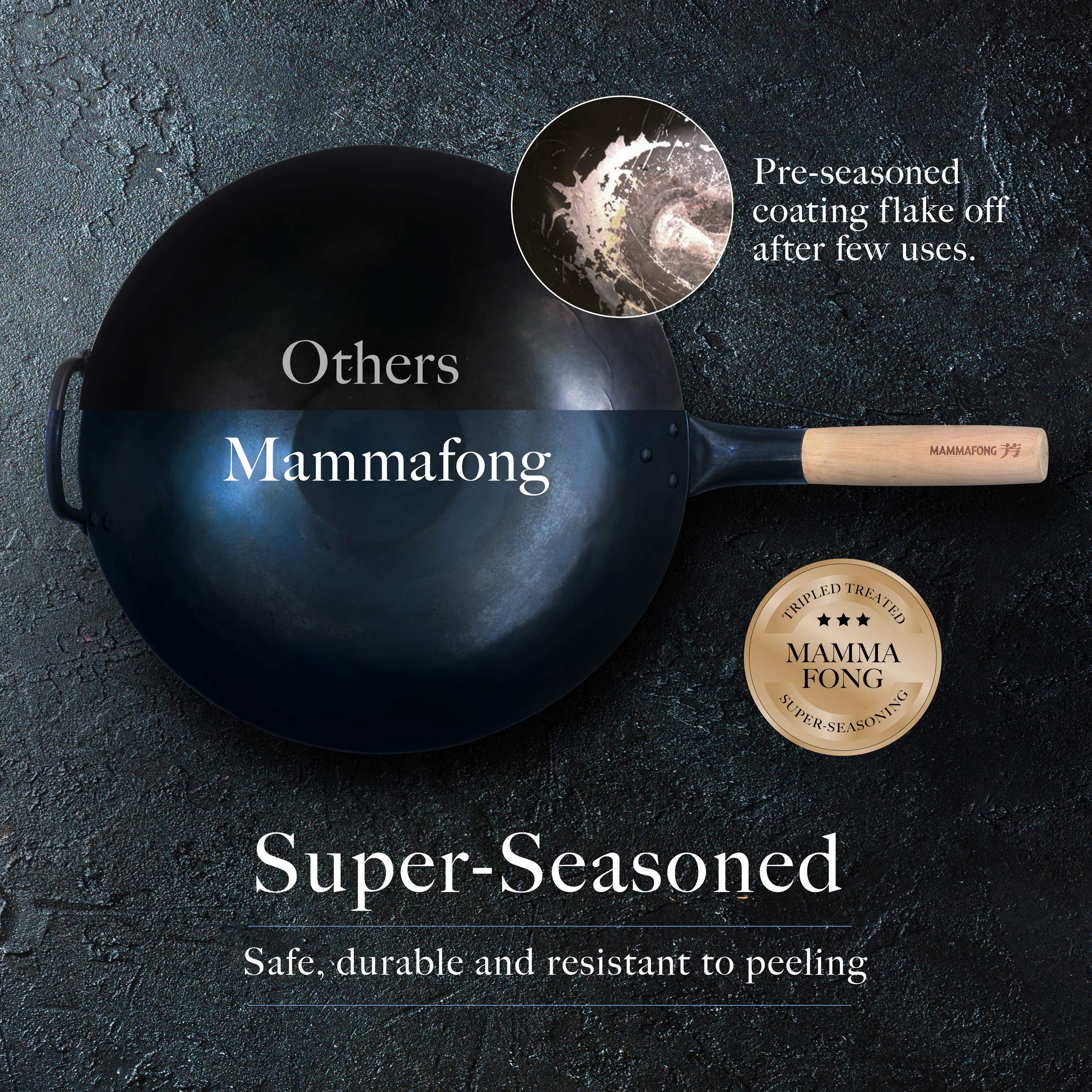 Wok Mammafong martillado a mano, textura tradicional y distribución del calor