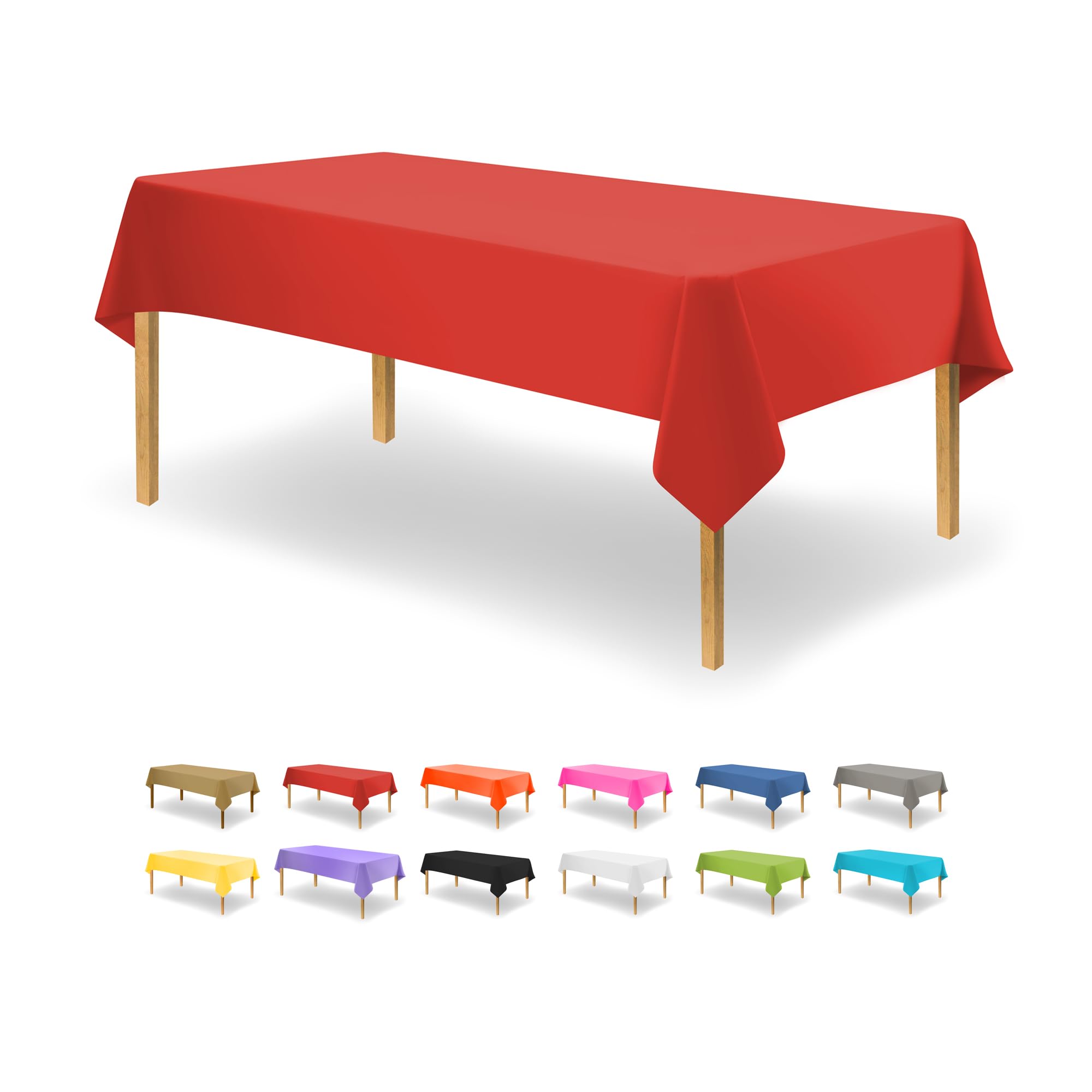 Mantel rojo plástico para mesas rectangulares, pack de 12, listo para fiesta.