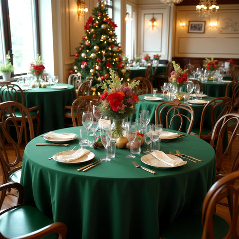 Mantel Sancua verde cazador en escena de recepción interior para fiestas elegantes.