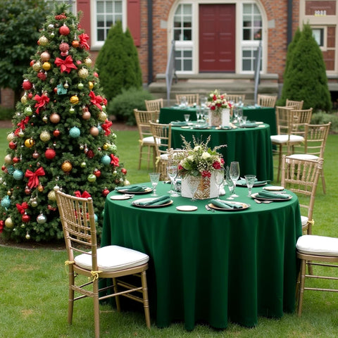 Mantel Sancua verde cazador sobre mesa de banquete con iluminación suave.