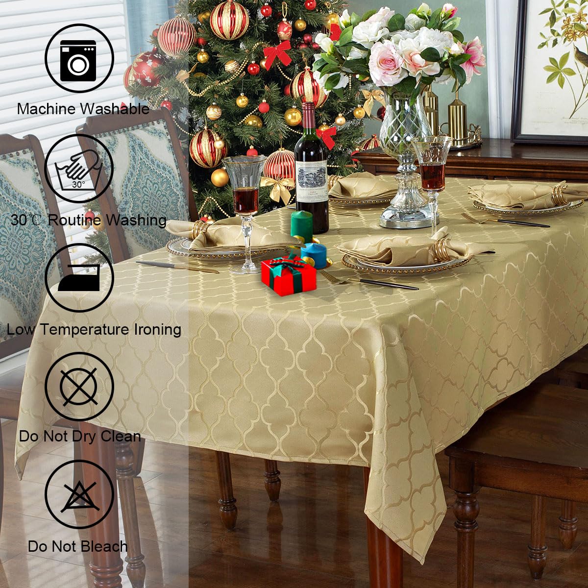 Mantel jacquard elegante SASTYBALE, añade lujo discreto a cenas festivas.