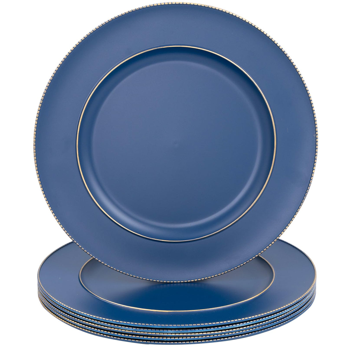Cargadores MAONAME azules con borde perlado dorado para mesa.