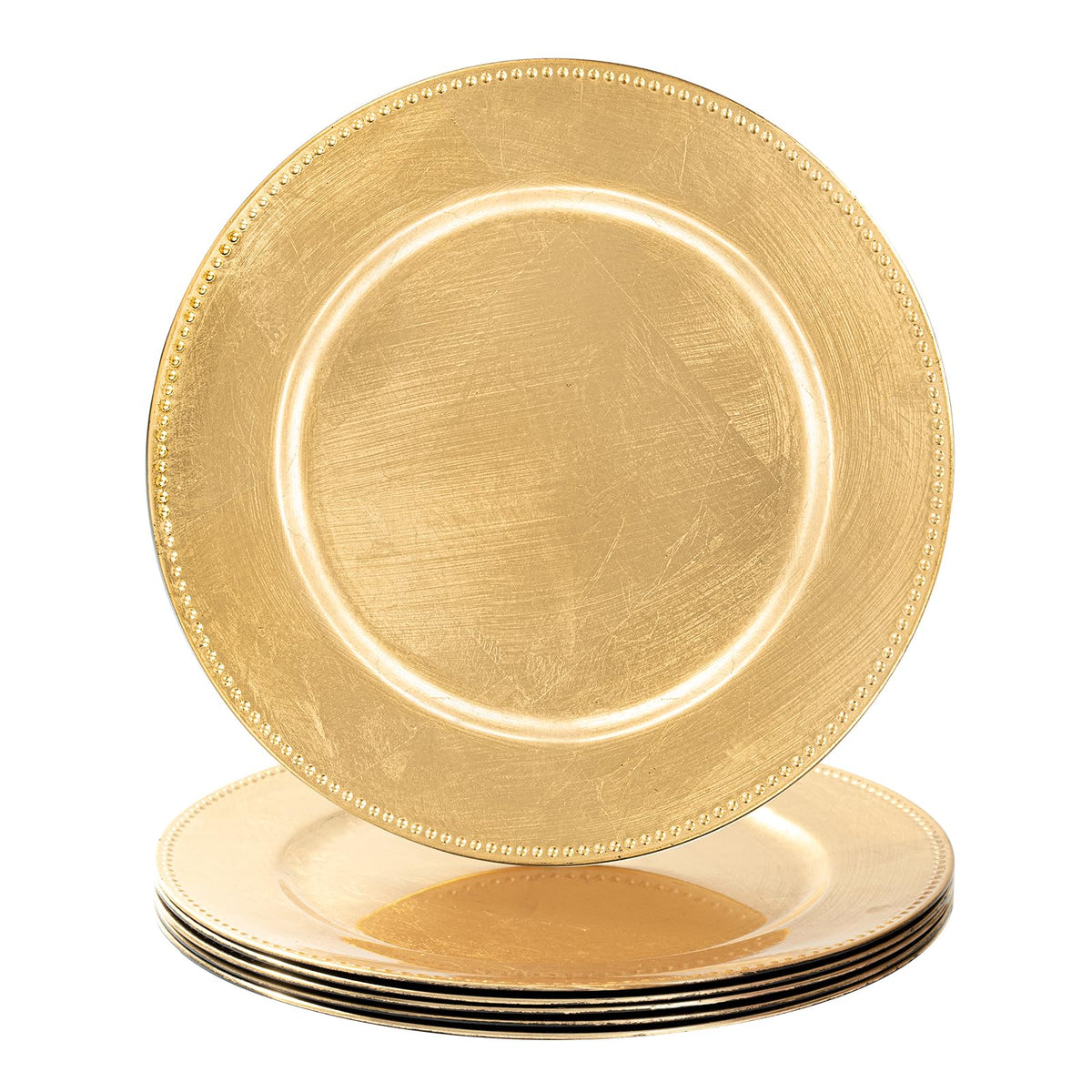 Cargadores dorados MAONAME 13 pulgadas con borde perlado, ideal para una mesa elegante.