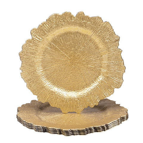 MAONAME placa cargadora dorada con patron coral redonda para mesa elegante.