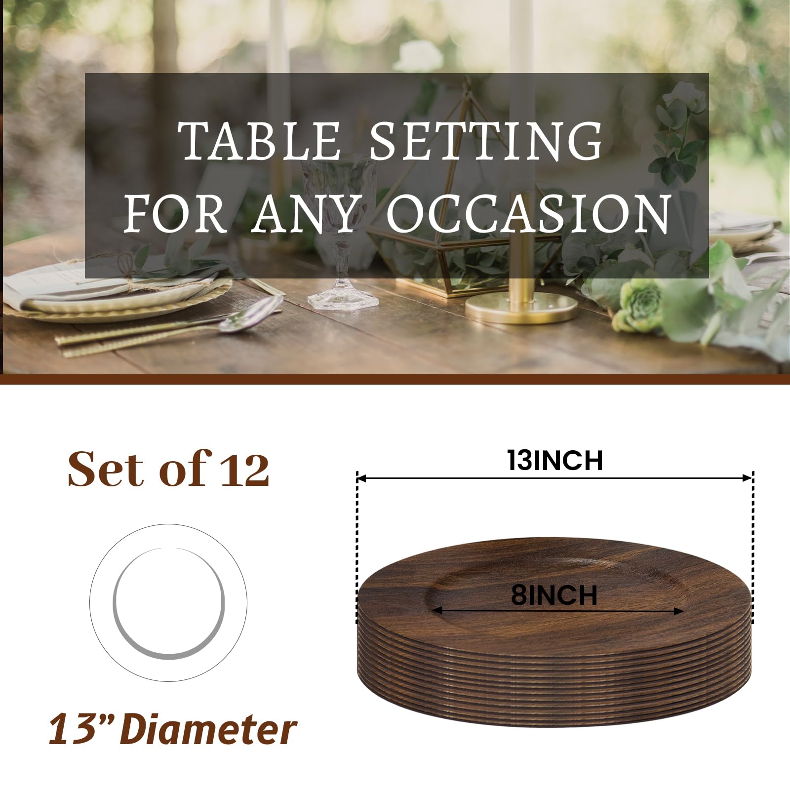 MAONAME placas cargadoras con diseño rústico y madera falsa para mesa cálida.