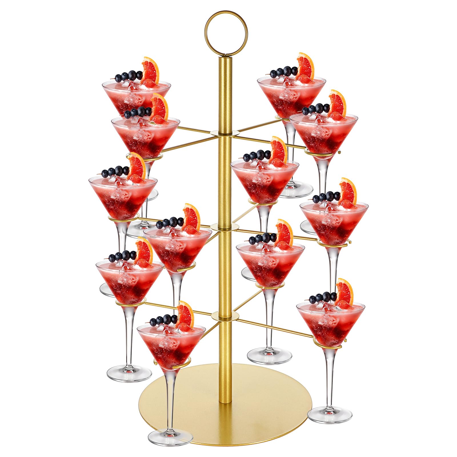MAQUITA árbol cocteles de tres niveles en dorado, presentación elegante para bebidas.