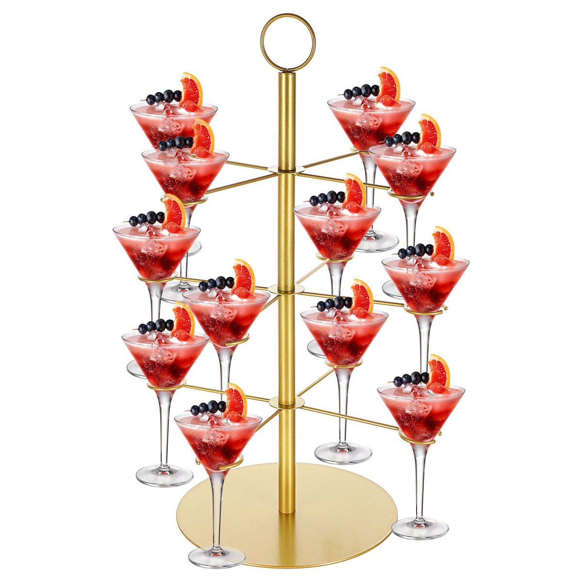 MAQUITA árbol cocteles de tres niveles en dorado, presentación elegante para bebidas.