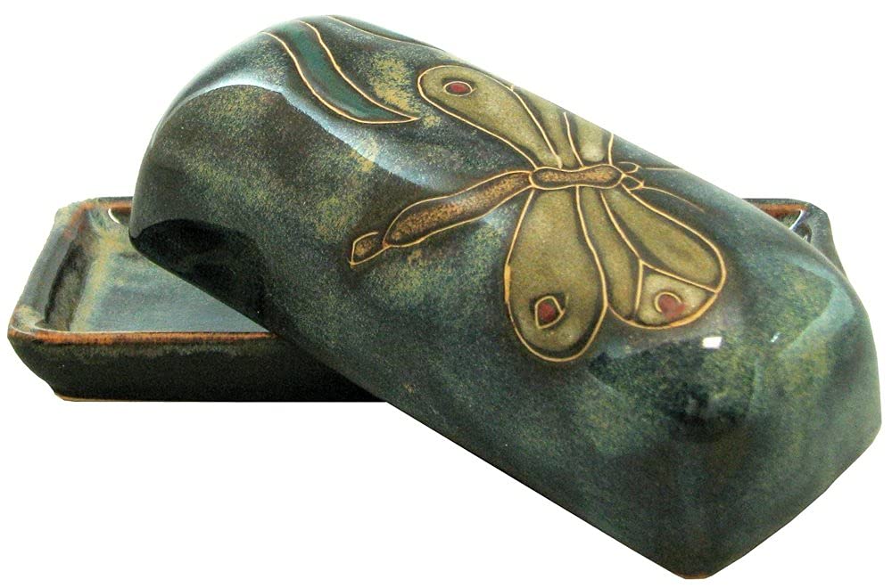 Mara Stoneware Mantequera coleccionable azul con libélula para servir mantequilla con estilo en la mesa