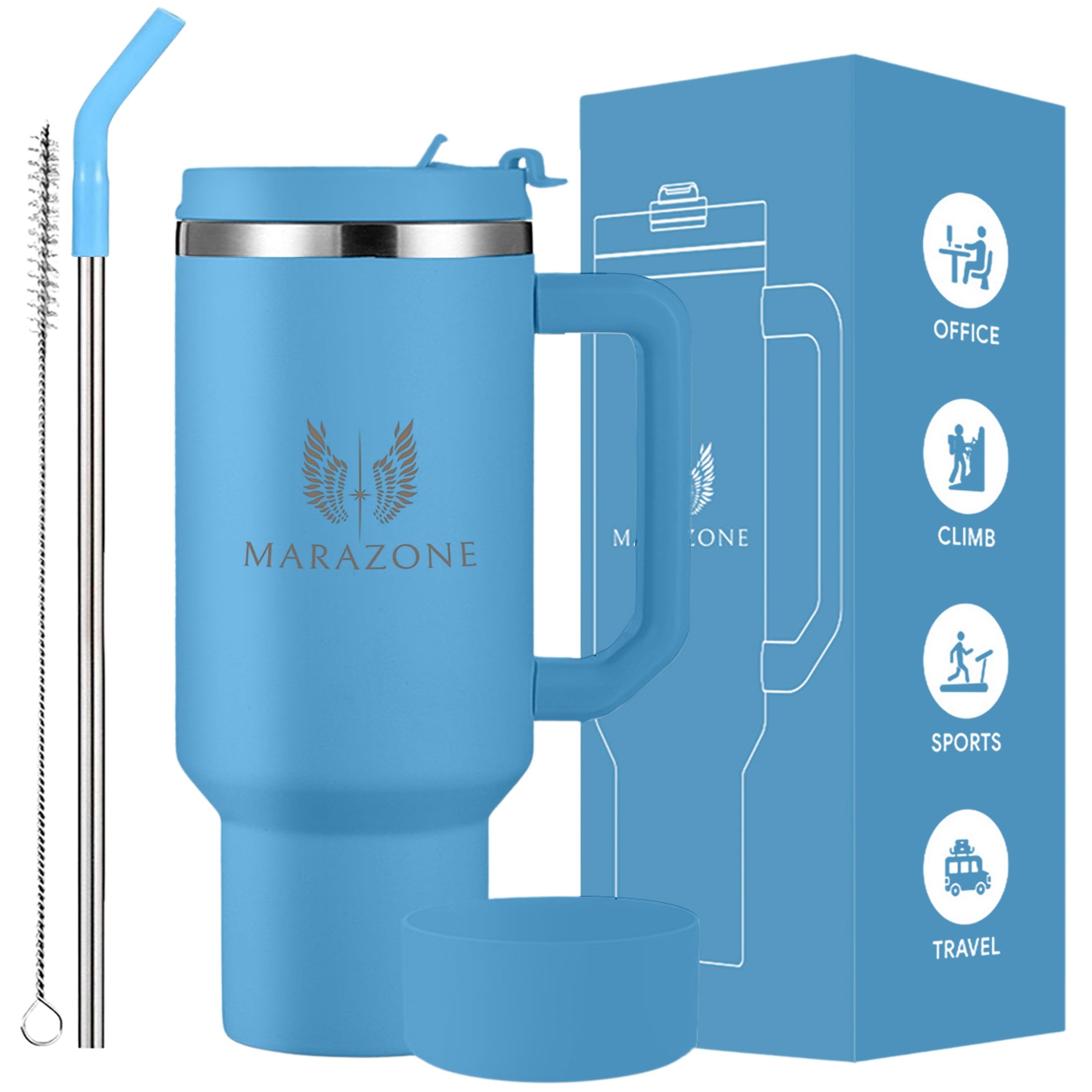 MARAZONE 40 oz azul cielo en mano, hidratación diaria cómoda.