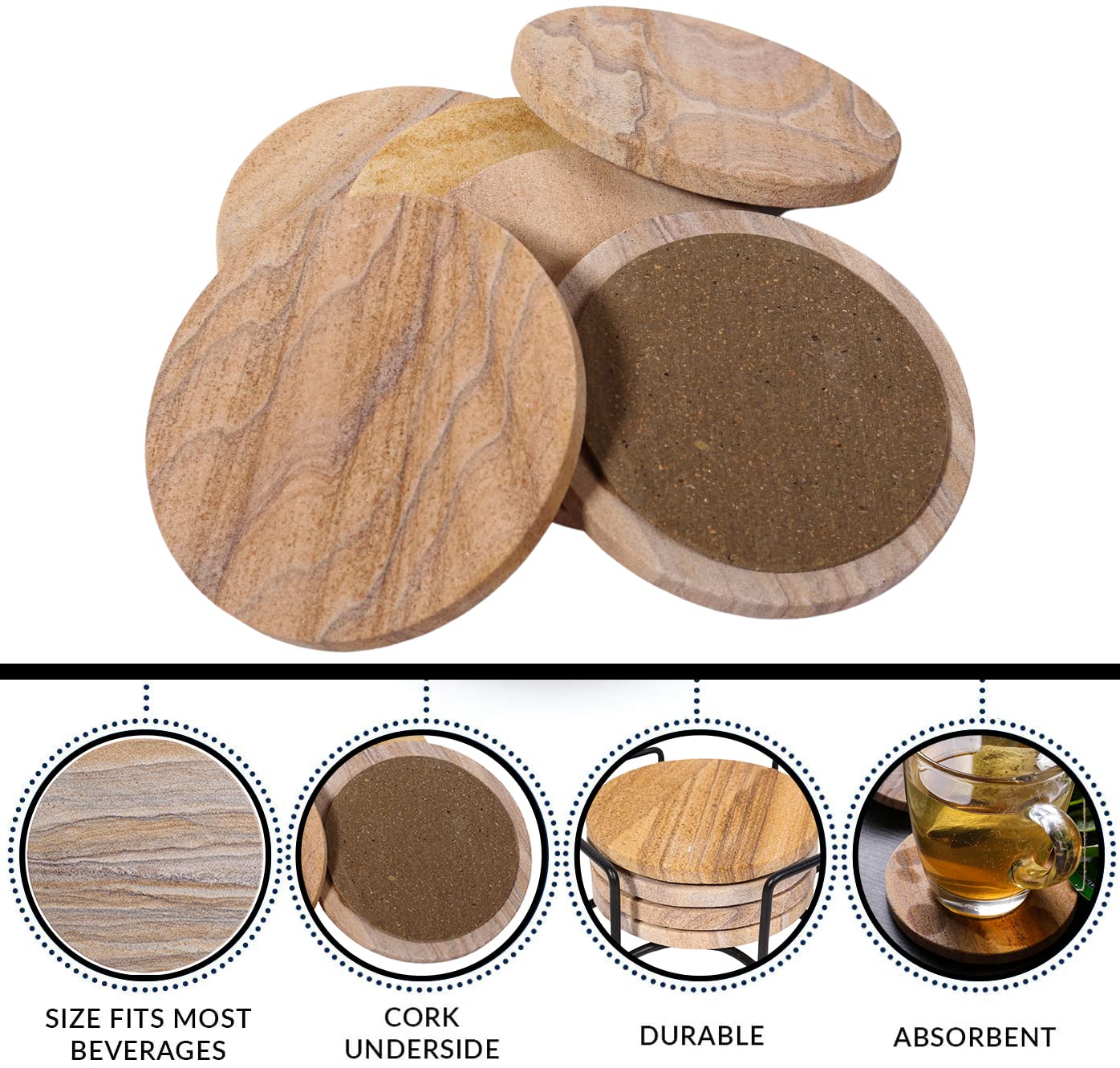 Marbco posavasos arenisca antideslizante con base estable para evitar deslizamientos.