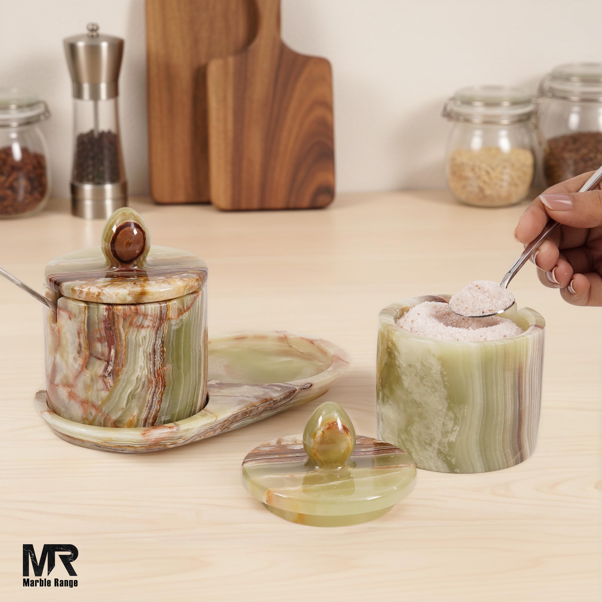 MARBLE RANGE contenedor de especias de marmol verde, compacto y decorativo.