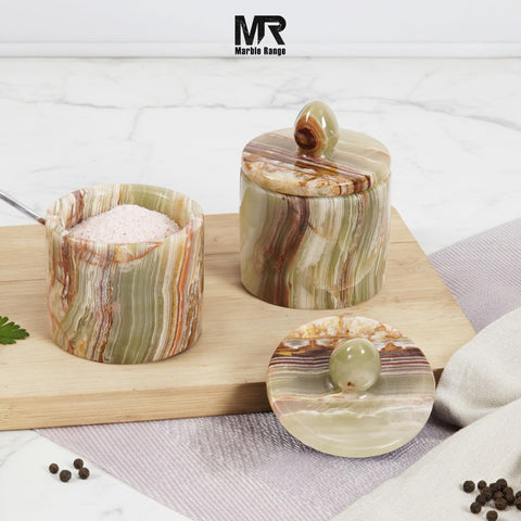 MARBLE RANGE salero para sal y azucar en marmol verde, fácil de identificar.