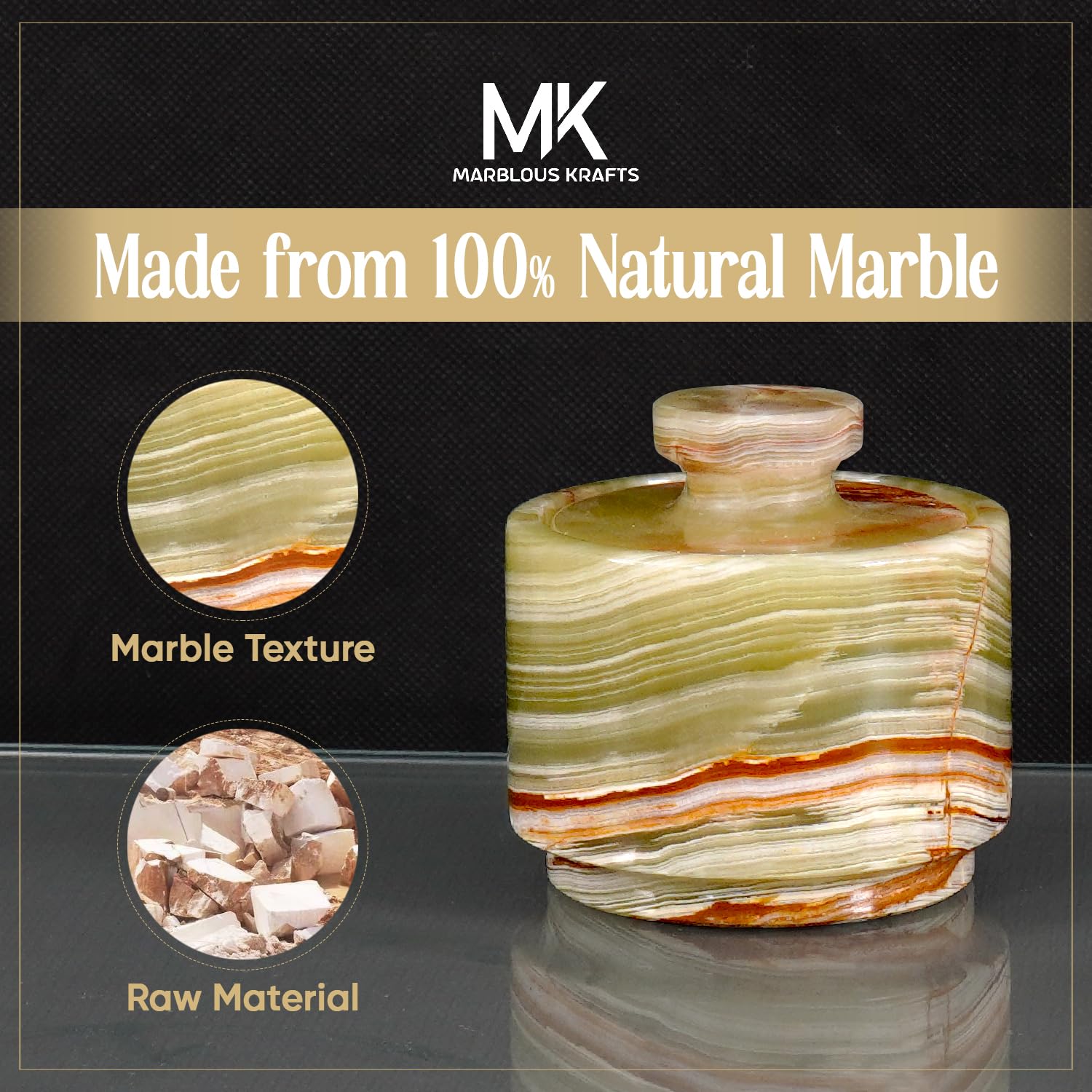 MARBLOUS KRAFTS salero mármol verde ónix en encimera, fácil limpieza.