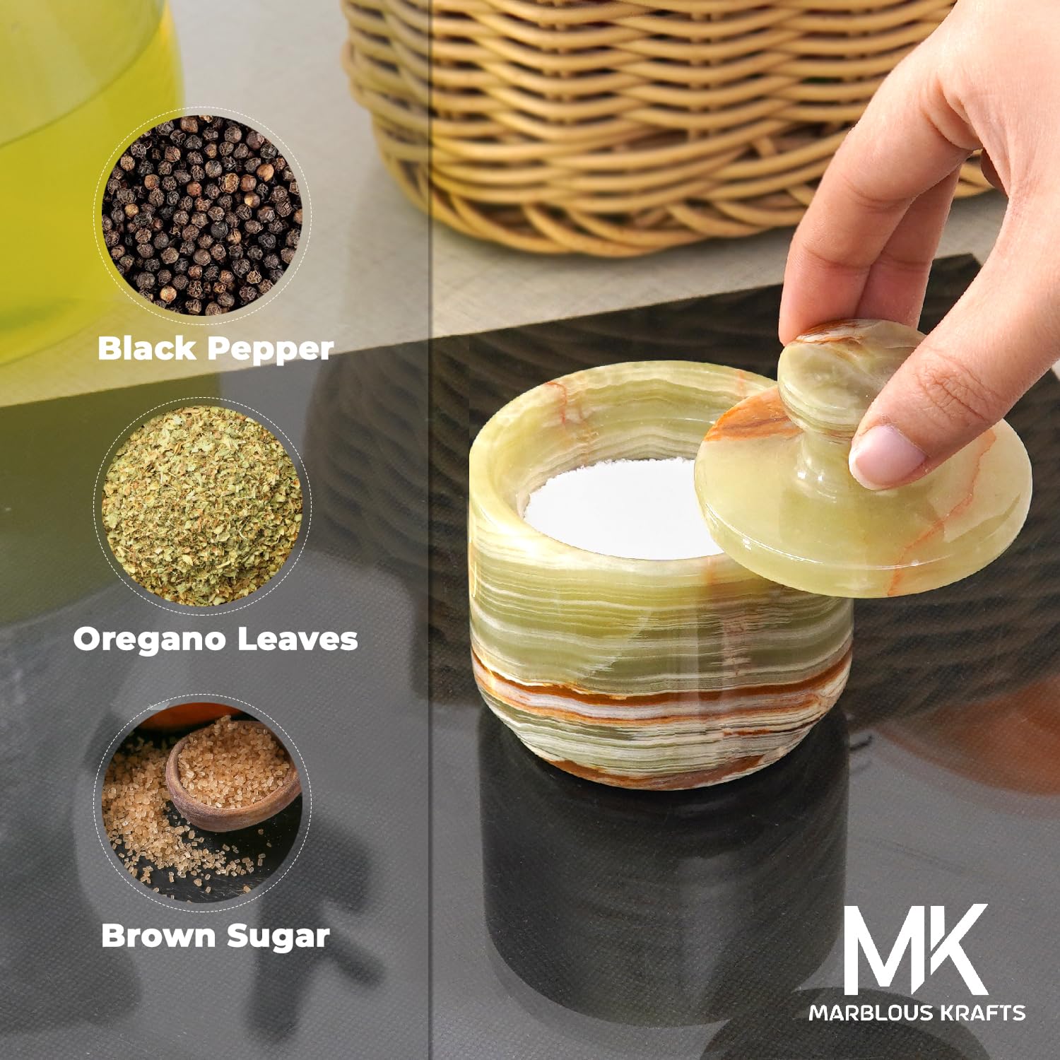MARBLOUS KRAFTS salero mármol verde ónix, tapa abierta para sal o especias.