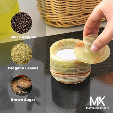 MARBLOUS KRAFTS salero mármol verde ónix, tapa abierta para sal o especias.