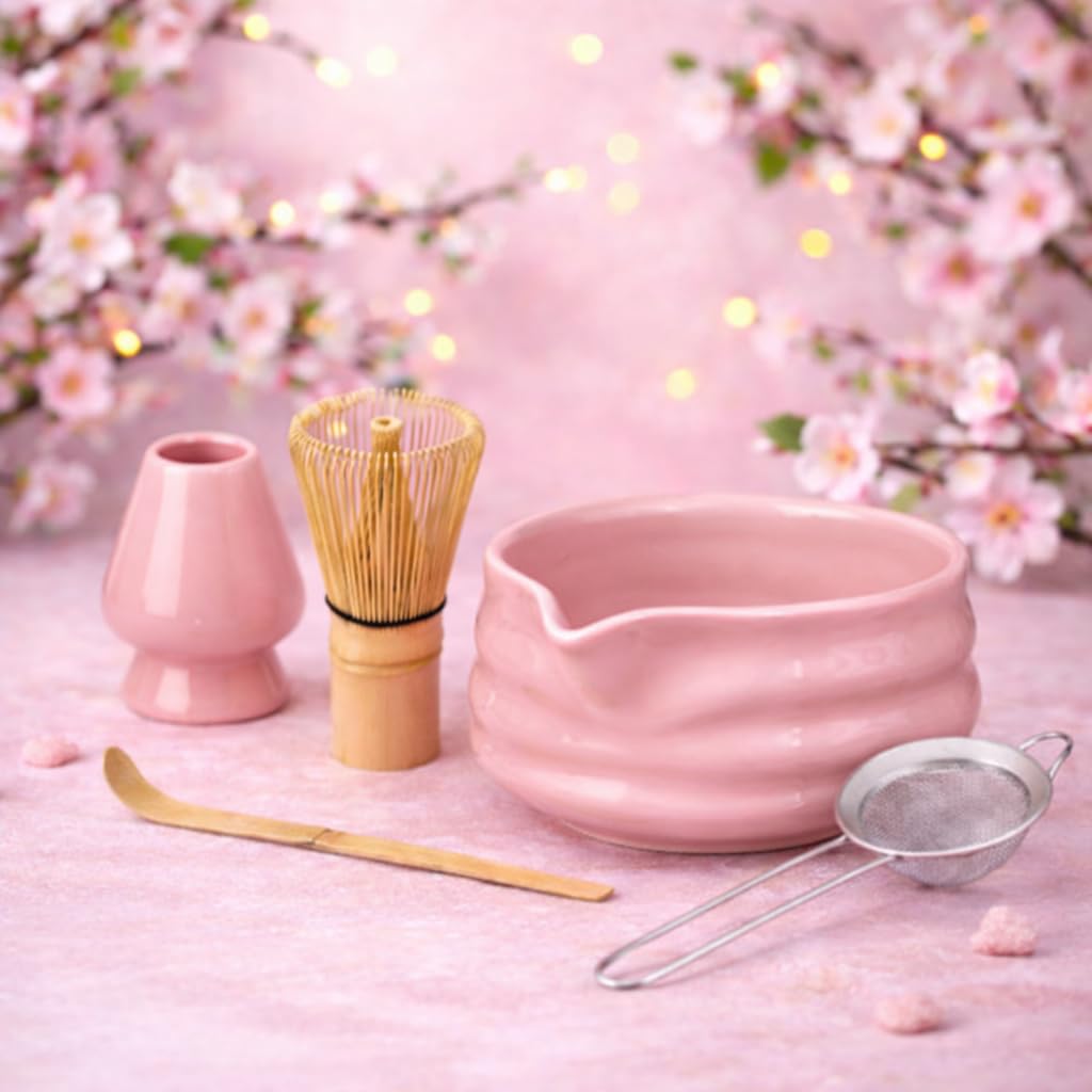 Marce Matcha Batidor Set Rosa, vista completa del kit para preparar matcha cremoso.