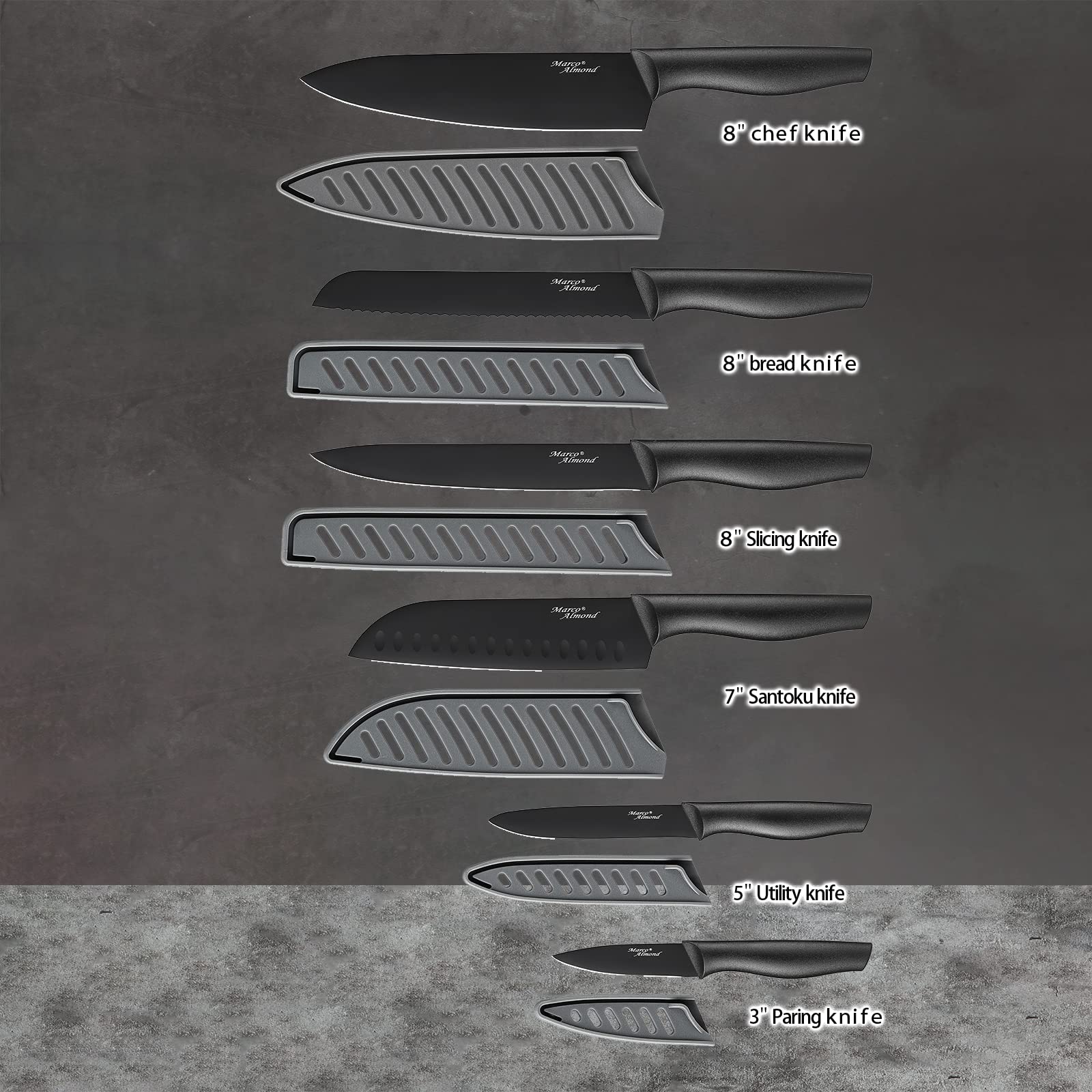 Cuchillo chef de 8 pulgadas Marco Almond con funda y filo preciso.