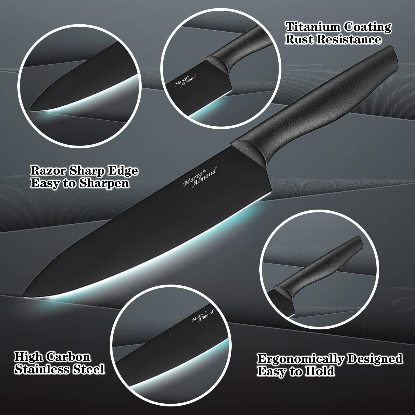 Cuchillo para rebanar de 8 pulgadas con funda y mango ergonómico.