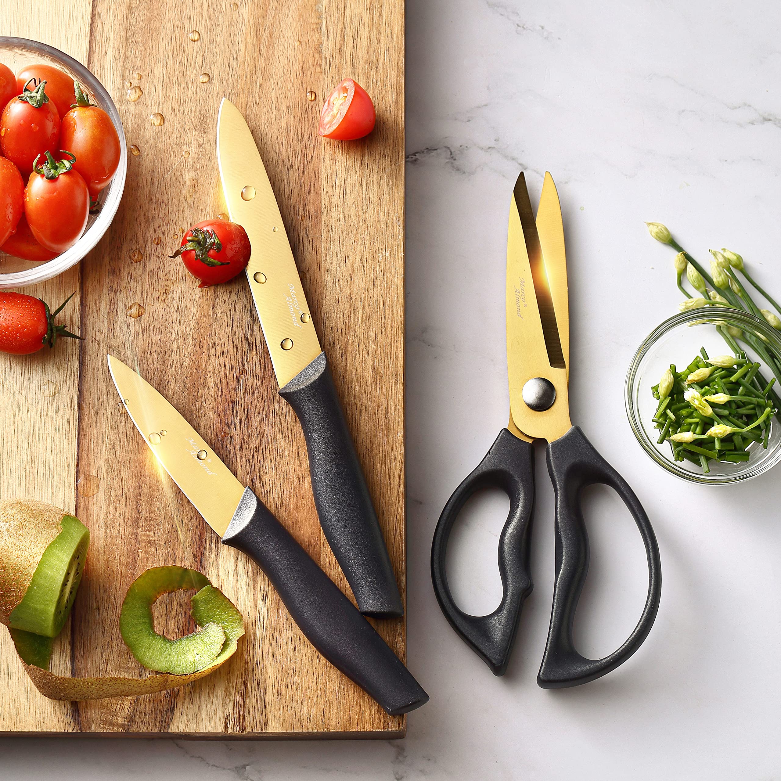 Marco Almond Gold: cuchillo santoku dorado para cocina versátil con precisión.