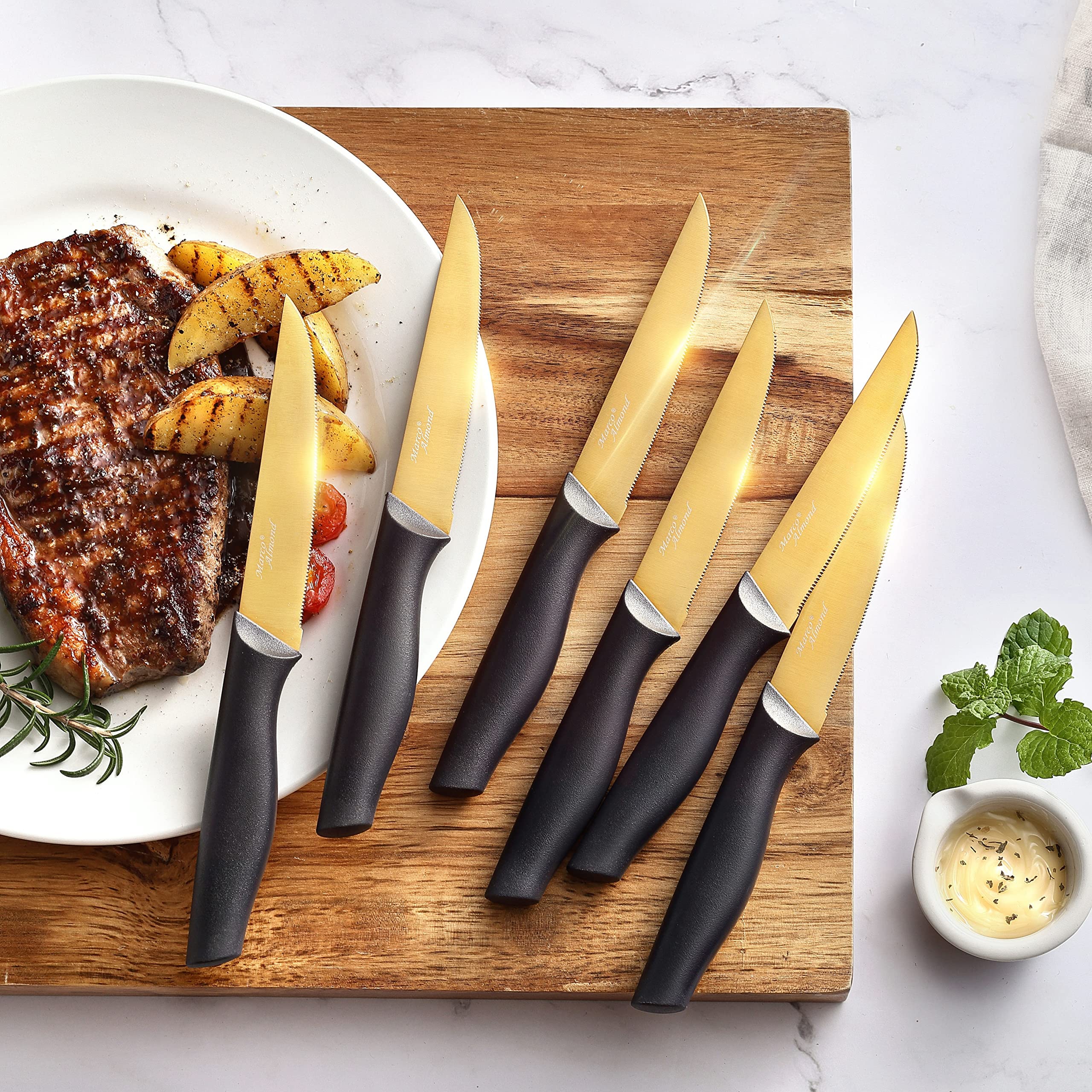 Marco Almond Gold: cuchillo utilitario dorado para tareas diarias de cocina.