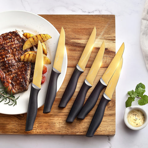 Marco Almond Gold: cuchillo utilitario dorado para tareas diarias de cocina.