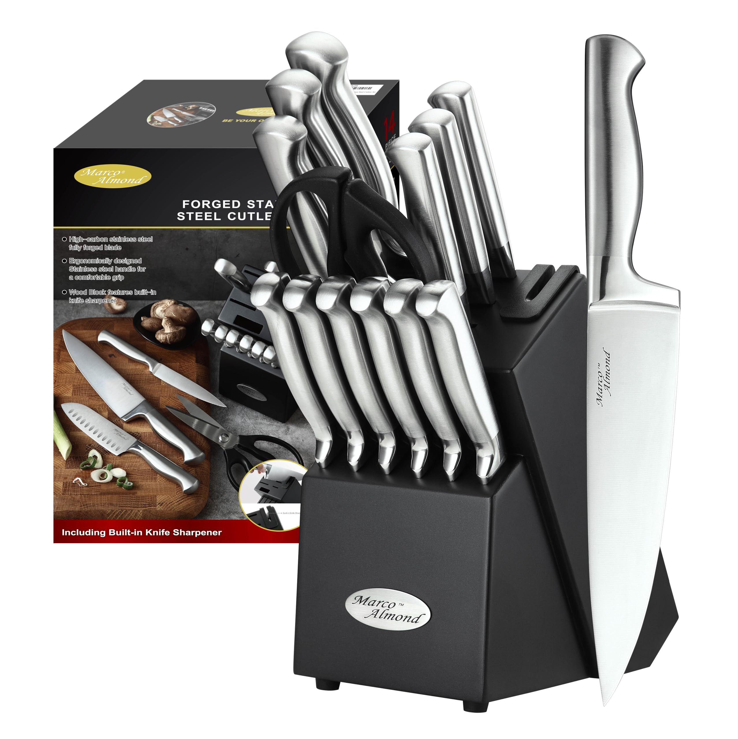 Marco Almond conjunto de cuchillos con bloque 14 piezas listo para cocinar.