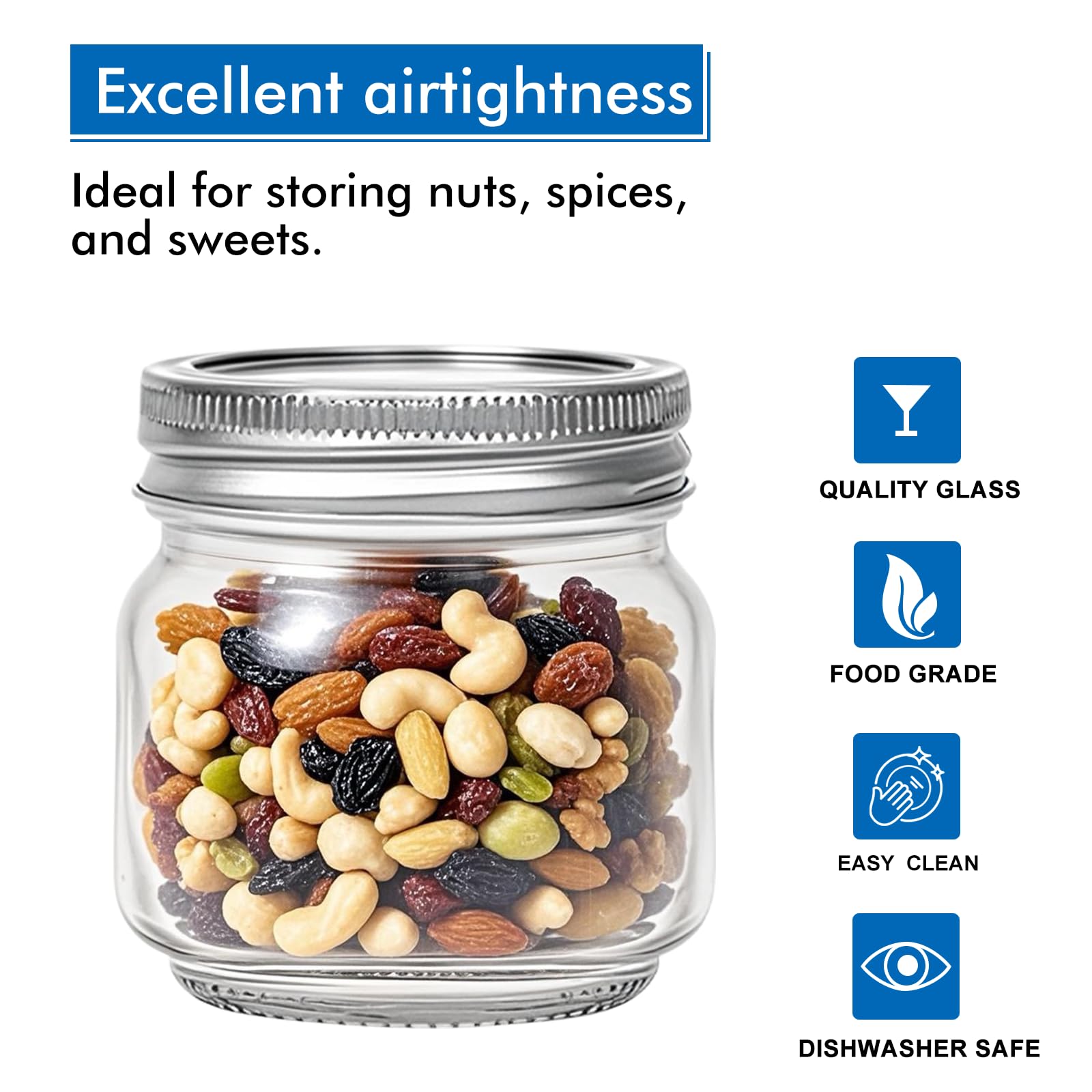 Jarras Mason 8 oz de Maredash con etiquetas para organizar ingredientes.