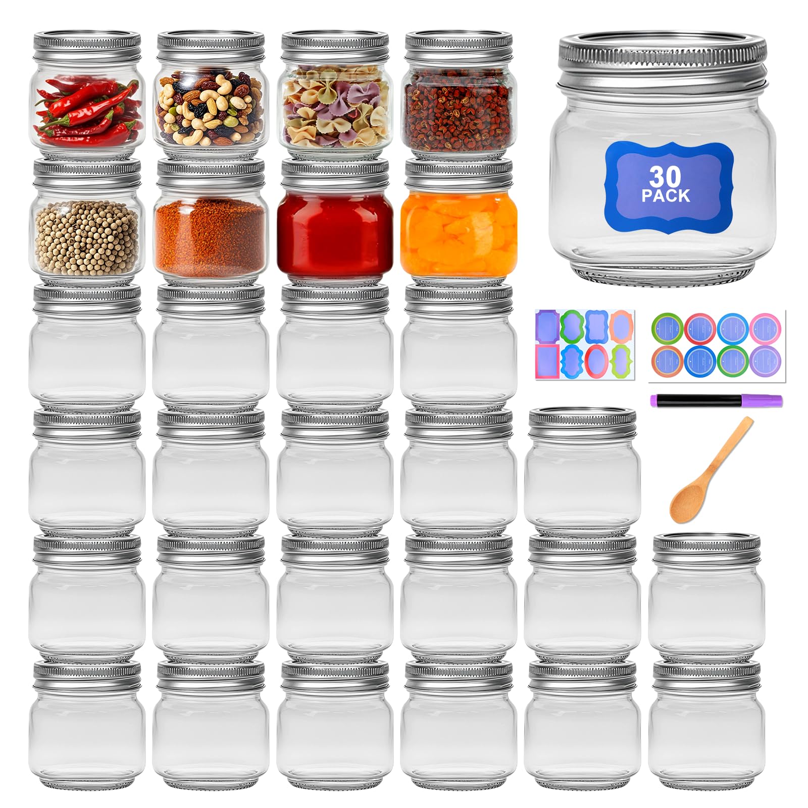 Jarras Mason 8 oz de Maredash con tapas para almacenamiento seguro de especias.