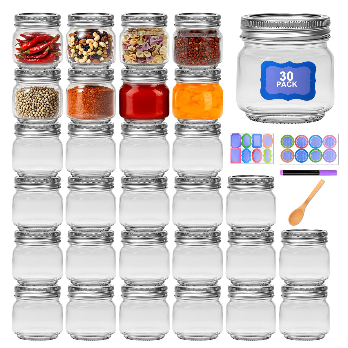 Jarras Mason 8 oz de Maredash con tapas para almacenamiento seguro de especias.