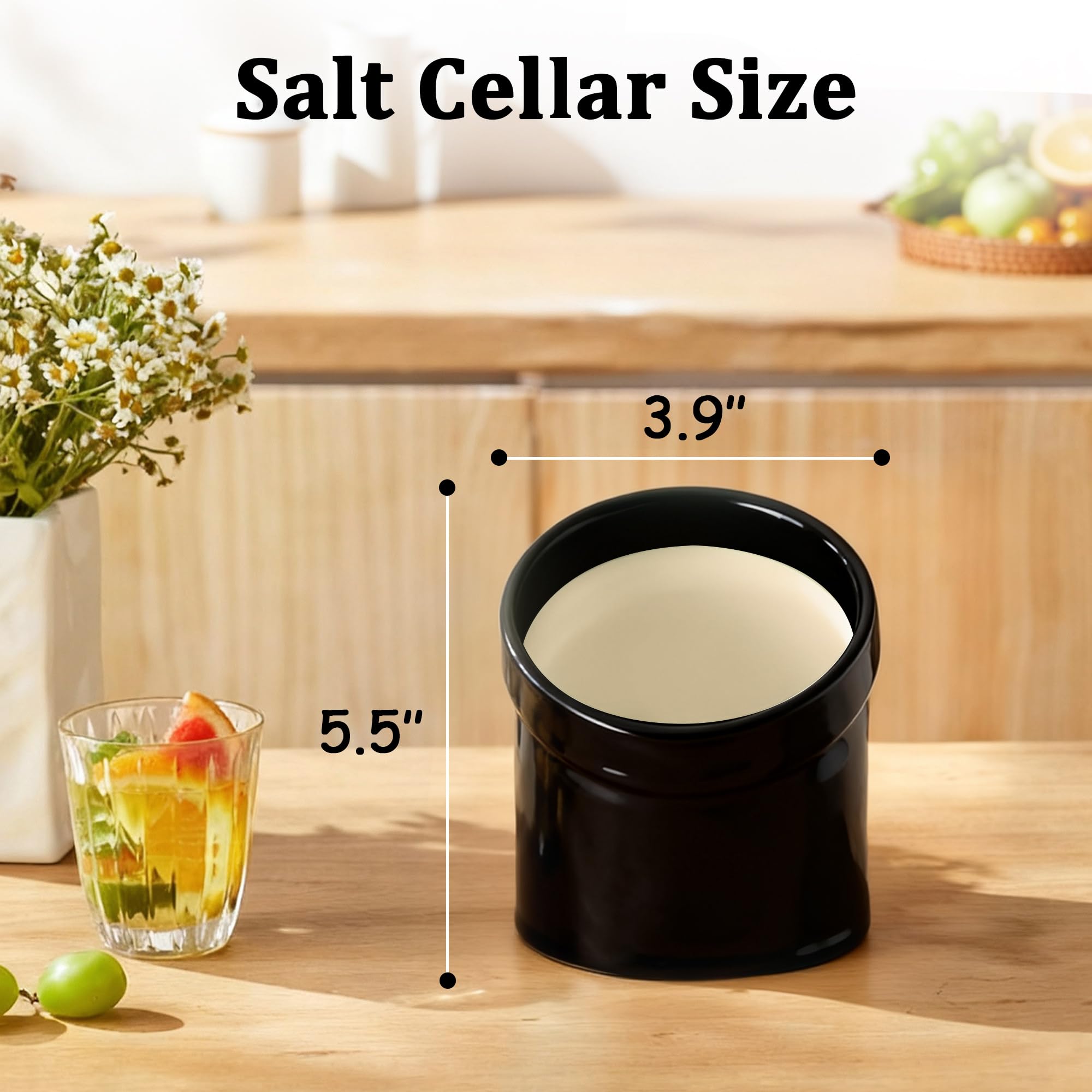 MARKETTY Salt Pig cerámica negro, boca amplia para retirar especias fácilmente.