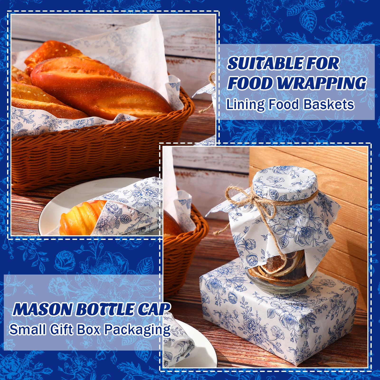 Marspark papel encerado floral azul, perfecto para cestas de comida y fiestas.