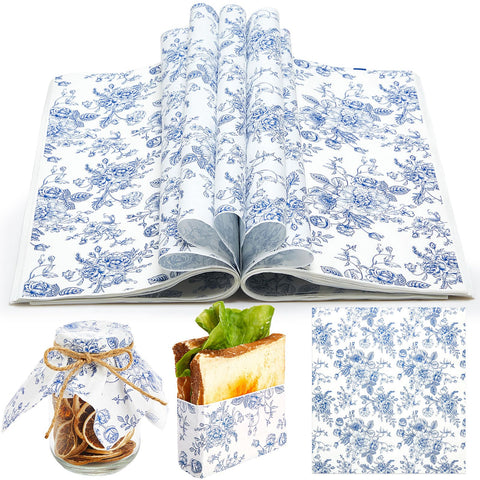 Marspark papel encerado floral azul 11.4x11, ideal para envolver bocadillos y evitar grasa.