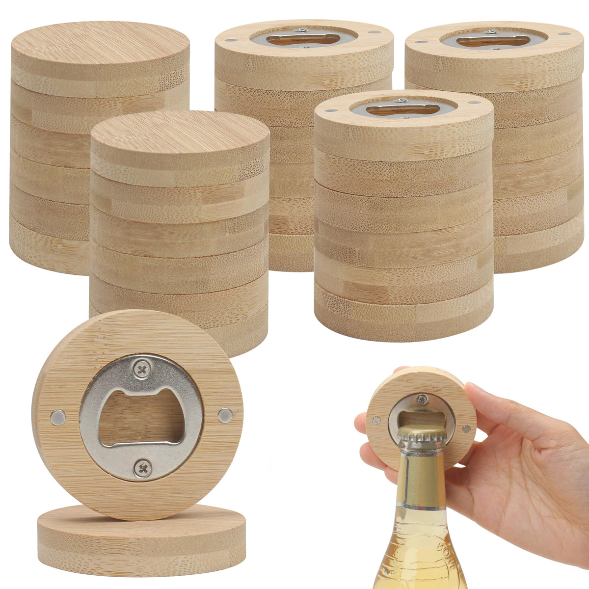 Marsrut abrebotellas de bambú con imán para nevera, práctico y compacto.