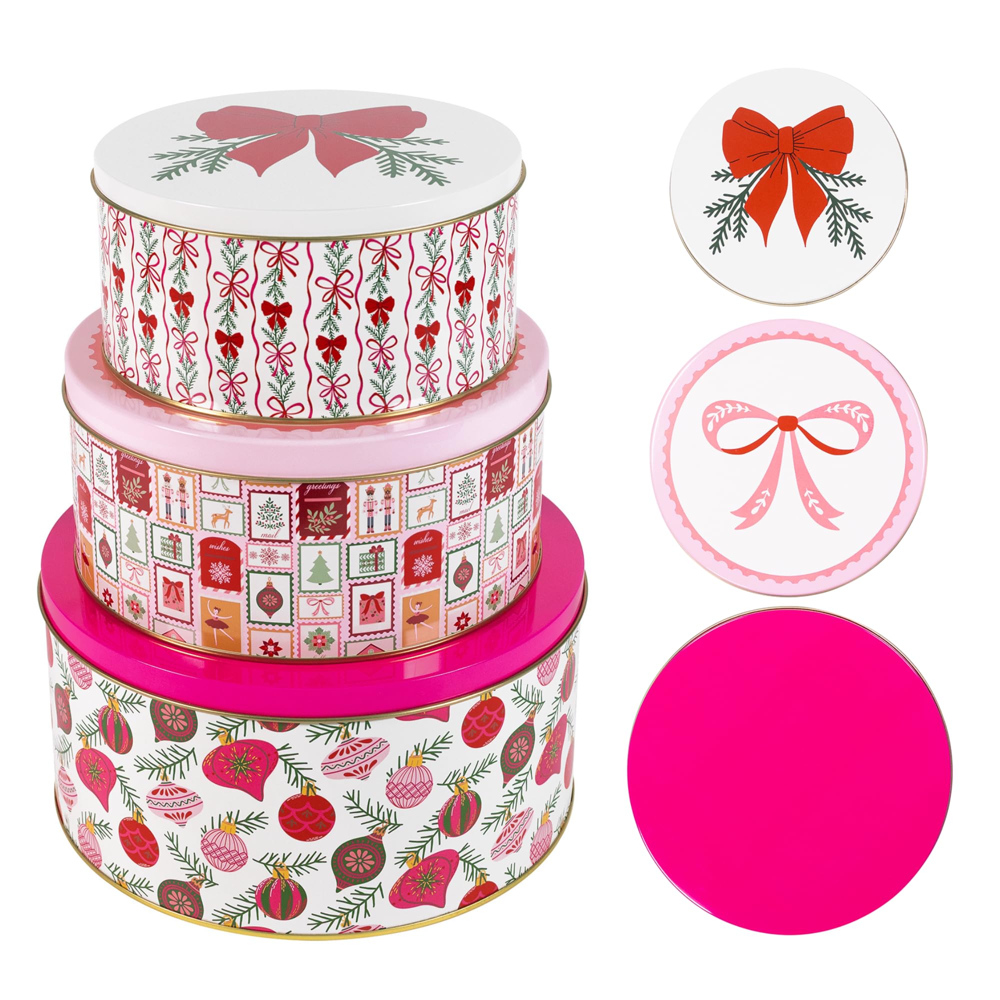 Latas de galletas Martha Stewart apiladas, ideales para regalos festivos.