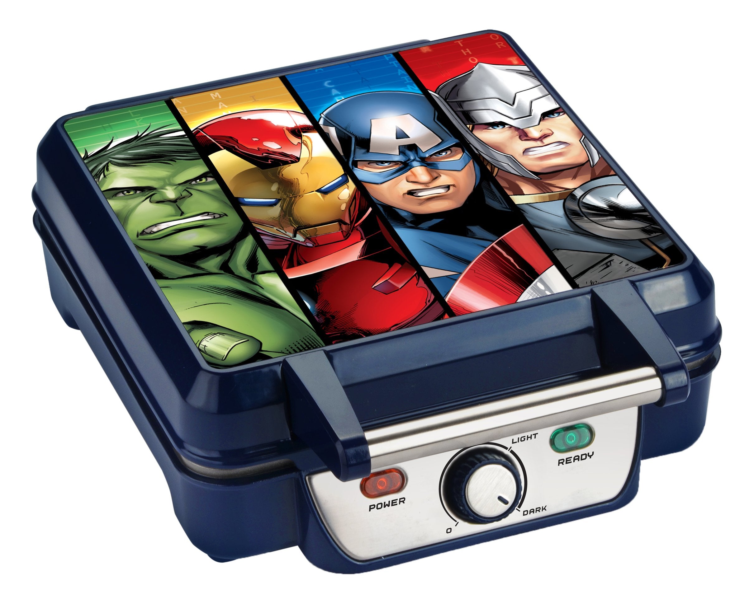 Gofrera Marvel MVA-281 azul con iconos de Avengers para desayunos divertidos.