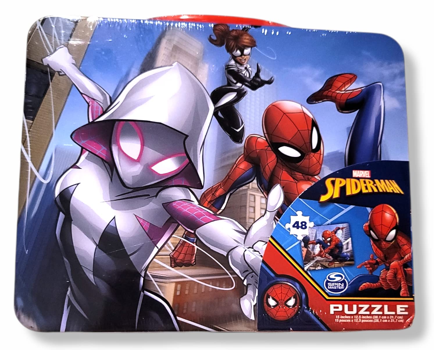 Marvel Spiderman lata de almuerzo abierta con rompecabezas de 24 piezas.