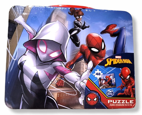 Marvel Spiderman lata de almuerzo abierta con rompecabezas de 24 piezas.