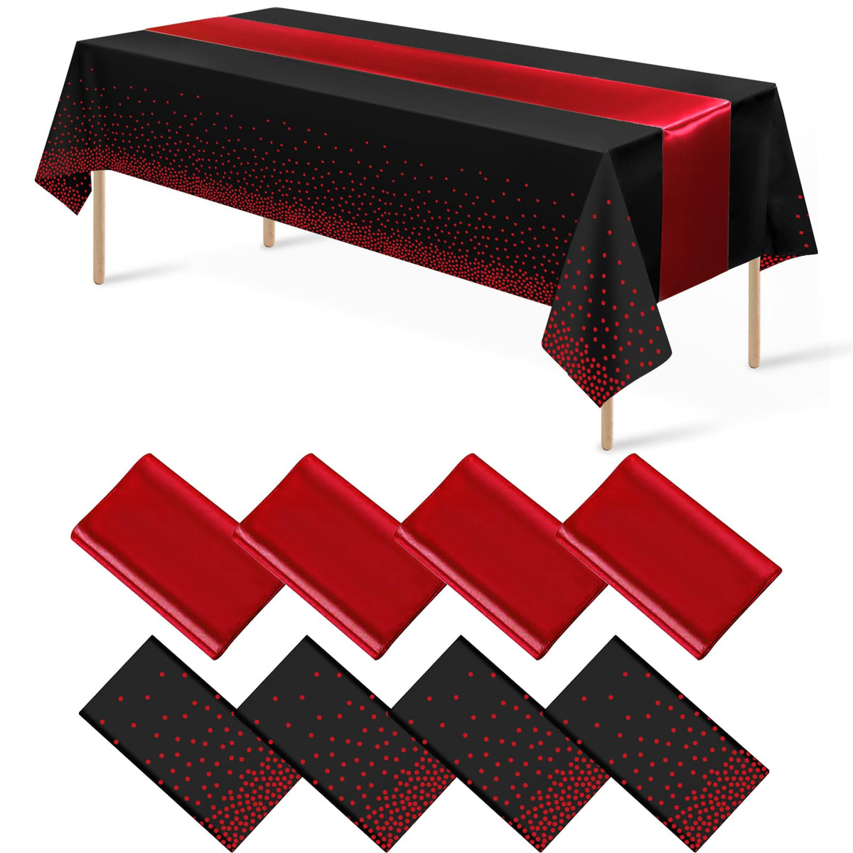 Mantel Mashan de 8 piezas con puntos negro rojo, ideal para fiestas