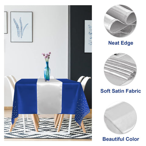 Conjunto de mantel y camino azul y plata para eventos memorables.